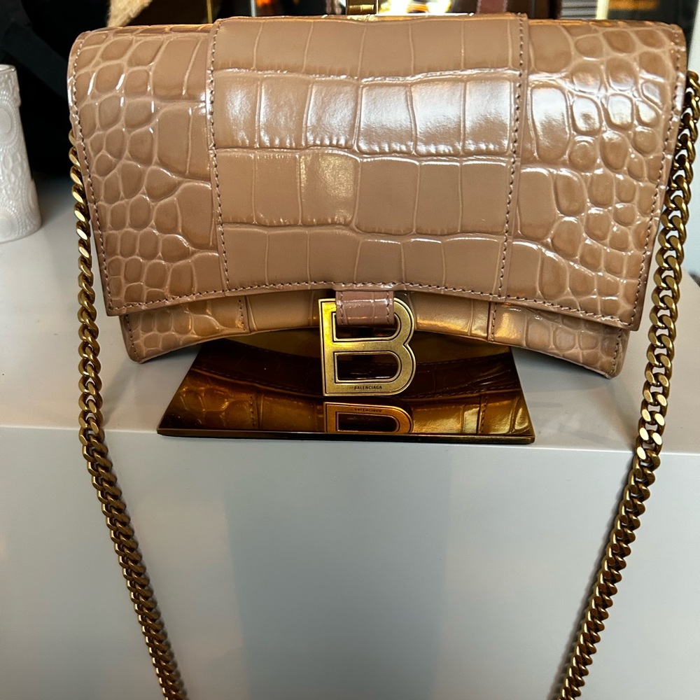 Balenciaga Hourglass Wallet With Chain Nude Crocodile Embossed